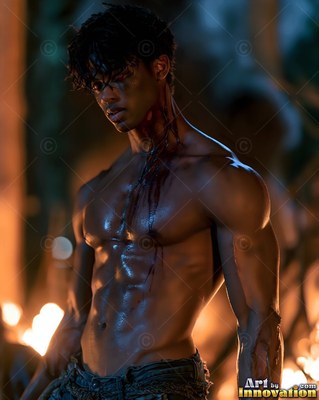 Young man with no shirt covered in dark blood by firelight