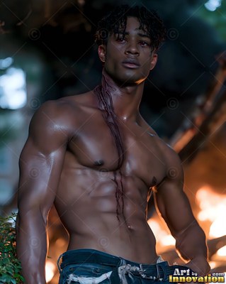 Dark blood dripping down the neck of a muscular man without a shirt standing near fire