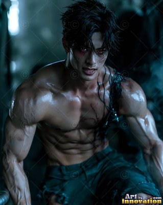 A muscular man with no shirt crouches forward with a snarl under cold blue light