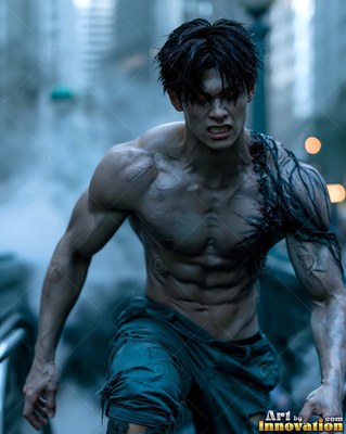 Crouching forward in a hazy city street, a muscular man without a shirt snarls