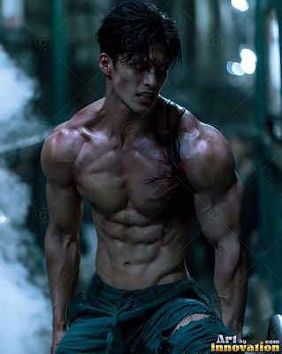 A muscular man without a shirt with red eyes stands in a dark misty alley