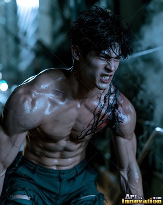 In dark blue light, a muscular bare-chested man snarls with black veins on his shoulder
