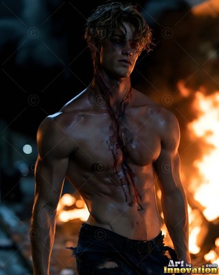 Standing shirtless by flames, a bruised young man has dark blood on his chest