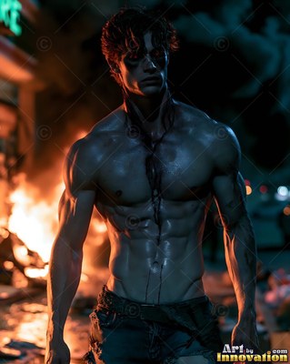 A bare-chested man with blood on his chest stands by a fire at night
