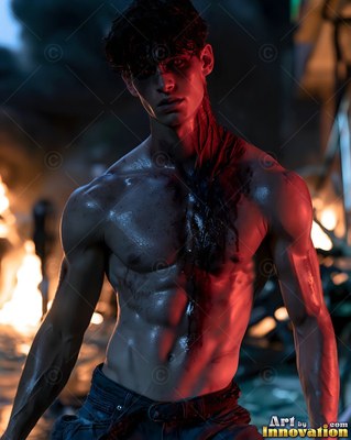 Dark blood drips down the neck and chest of a man without a shirt near burning fires at night