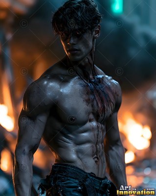 A muscular bare-chested man turns with red eyes before orange flames in the dark