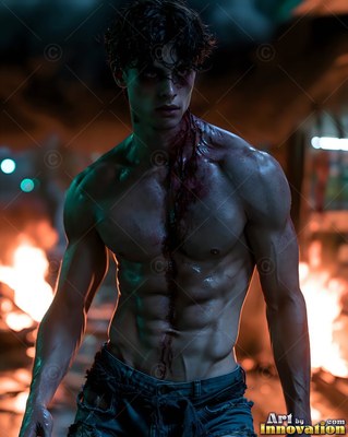 Standing shirtless in a burning warehouse, a bloodied young man stares forward