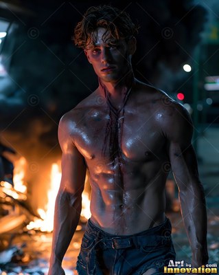 A bare-chested man stands on a dark street with fire burning behind him