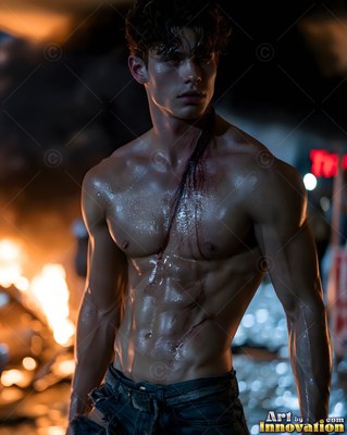 On a dark street with fire, a shirtless muscular man stands with cuts on his chest