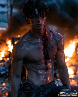 Standing shirtless before flames, a wounded young man looks aside with blood on his neck