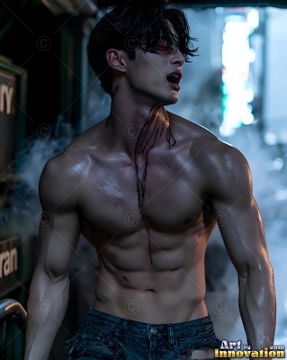 Shirtless muscular living-dead man snarling in a foggy city alley