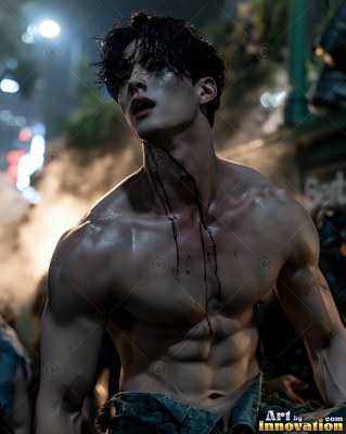 Streaks of blood run down a bare-chested young man's chest on a dark, smoky city street
