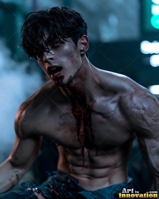 A muscular young man leans forward with blood on his chest in dim greenish lighting