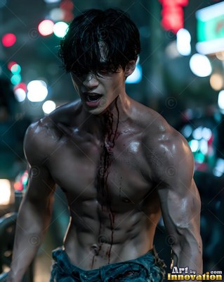 Leaning forward on a city street, a muscular bare-chested man snarls with blood on his neck