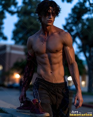 A shirtless young man trudges down a street at dusk holding red sneakers