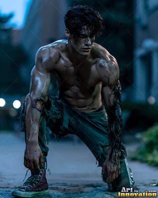 On a dark street, a shirtless wounded man crouches in torn green pants