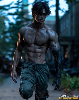Walking at dusk, a muscular man with no shirt has a blackened arm and torn green shorts