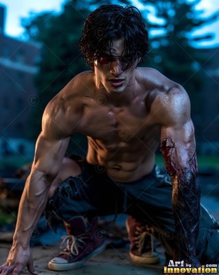 Muscular shirtless man crouches with a blackened left arm