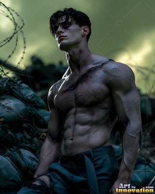Scarred pale skin marks a shirtless muscular man standing by barbed wire under a pale sky