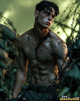 A shirtless pale man stands near barbed wire under murky green light