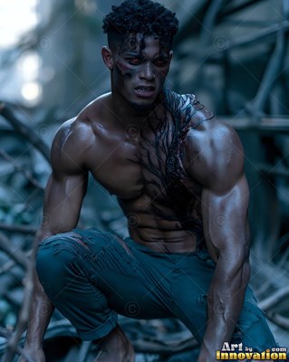In dark rubble, a muscular young undead man crouches with black veins on his chest