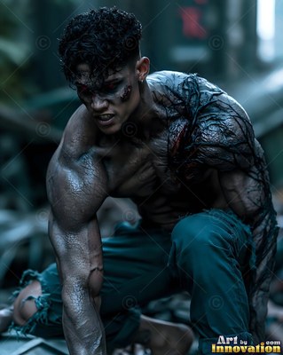 Crouching on rubble, a muscular living-dead man sneers with black veins on his shoulder