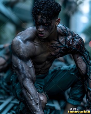 Muscular man with no shirt crouching with black veins across his shoulder