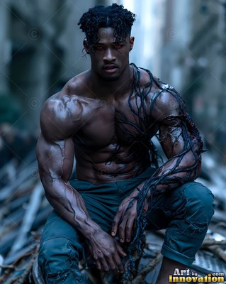 Black tendrils cover the bare chest of a muscular man crouching on rubble in a dim city street