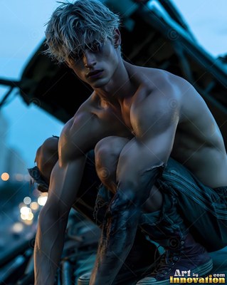 A young man with no shirt crouches on a ruined vehicle in cool blue twilight