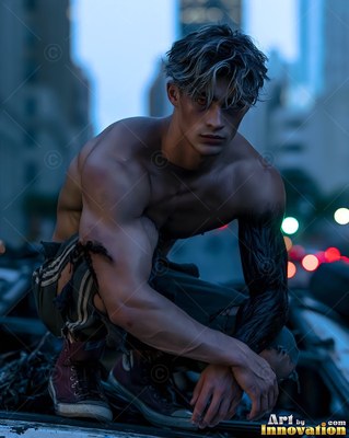 A young man with no shirt crouches on a car in a dark city street at dusk