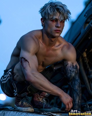 At dusk, a muscular young man without a shirt crouches on top of ruined wreckage