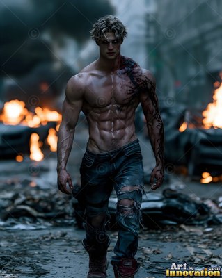 Walking past burning cars, a shirtless infected man paces down a damaged city street