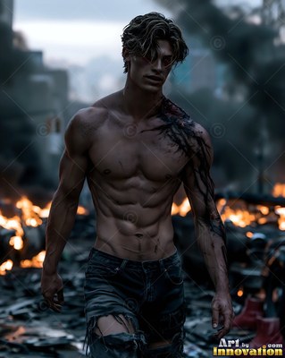 A young man with no shirt walks past fires on a ruined street