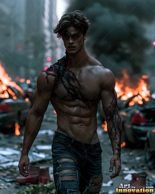 Black veins covering his shoulder, a shirtless man strides past burning cars on a ruined street