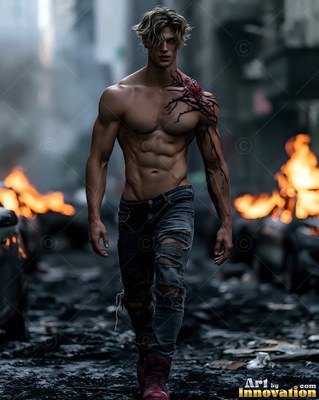 A shirtless muscular man paces past burning cars, with dark veins spreading across his shoulder