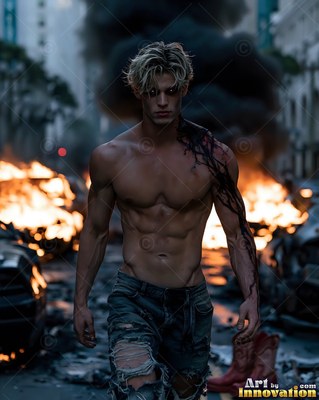 A shirtless blond man steps down a dark street with burning cars behind him