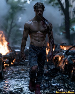 On a ruined city street, a muscular shirtless man strides past burning cars