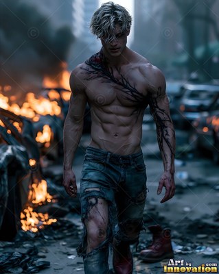 Walking past burning cars, a muscular man without a shirt wears torn jeans on a ruined street