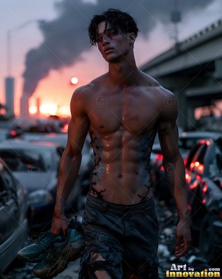 A man with no shirt walks through a ruined highway at sunset