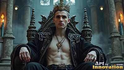 In a stone hall, a shirtless crowned man sits on a carved throne wearing a black robe
