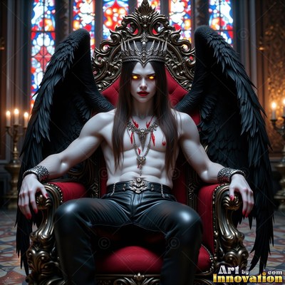 A winged, unshirted man leans back on a red velvet throne beneath colorful stained glass
