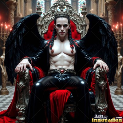 Sitting forward on a gothic throne, a light-skinned man spreads his black wings in a hall