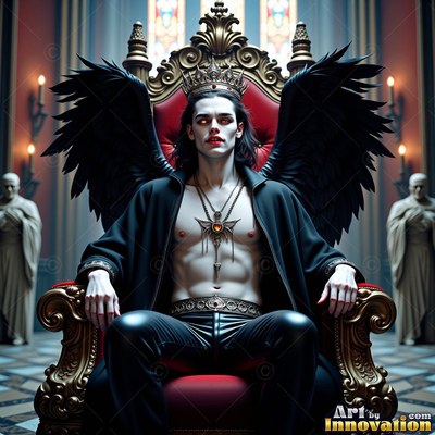 A fair-skinned man with black wings sits on a gold and red throne in an open black coat
