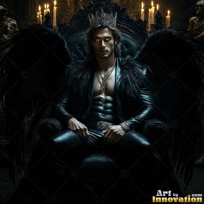 Sitting on a shadowed throne, a winged man with a silver crown stares forward with yellow eyes