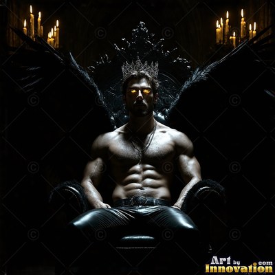 A man with a bare chest with wings and a crown on a black throne