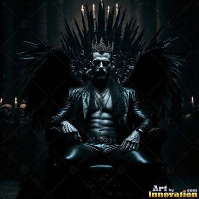 A crown sits on a winged man in an open black leather jacket on a spiked throne