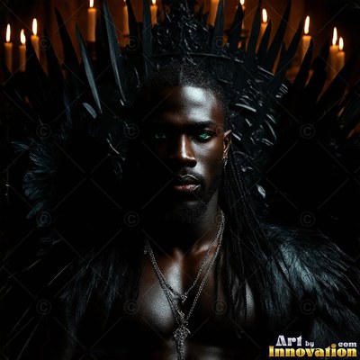 A dark-skinned man is seated on a black spiked throne lit by soft yellow candlelight behind him