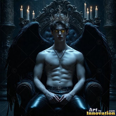 A shirtless pale man with black wings and yellow eyes sits on a black throne under candlelight