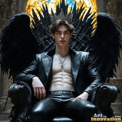 On a bladed iron chair, a winged man rests wearing an open leather coat
