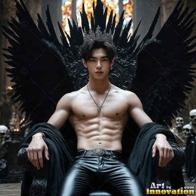 Sitting shirtless on a shadowed throne, a winged man wears a crown and black leather pants